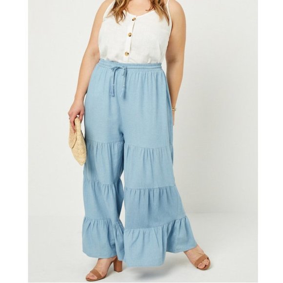 Pants - Plus Size Boho Chambray Denim Wide Leg Pants